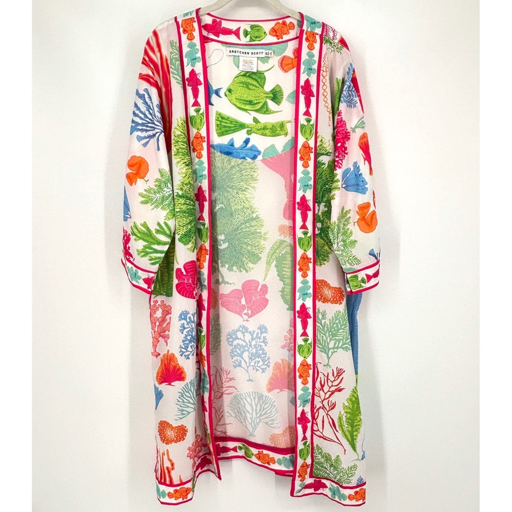 Gretchen Scott Sea Sway Open Kimono Duster Jacket White Pink Green Size M/L - Picture 2 of 16